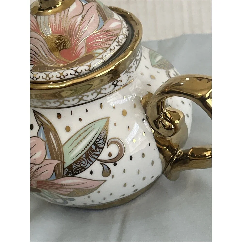 Floral Porcelain Teapot With Gold Tone Trimming